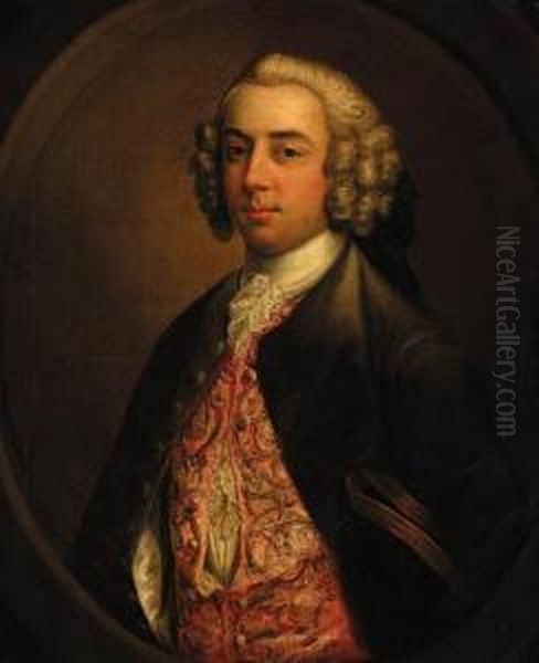 Portrait Of A Gentleman, 
Half-length, In A Brown Coat Andembroidered Waistcoat, A Tricorn Under 
His Arm, In A Feignedoval Oil Painting by Stephen Slaughter