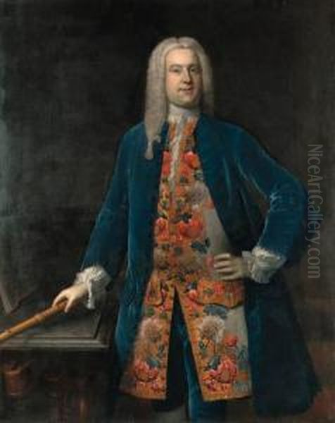 Portrait Of A Gentleman, 
Traditionally Identified As Georgefrederick Handel, 
Three-quarter-length, In A Blue Velvet Coat Andan Elaborately 
Embroidered Waistcoat, Holding A Flute, In Aninterior Oil Painting by Stephen Slaughter