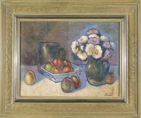 Jablka W Fajansowej Paterze I Dzban Z Kwiatami Oil Painting by Wladyslaw Slewinski