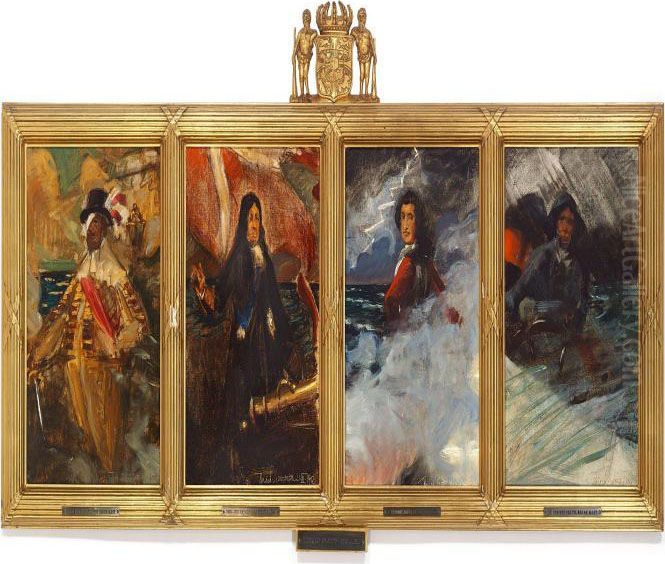 Four Historic Sketches With The 
Danish Naval Heroes Christian Iv, Niels Juel, Tordenskjold And A Danish
 Fisherman Oil Painting by Harald Slott-Moller