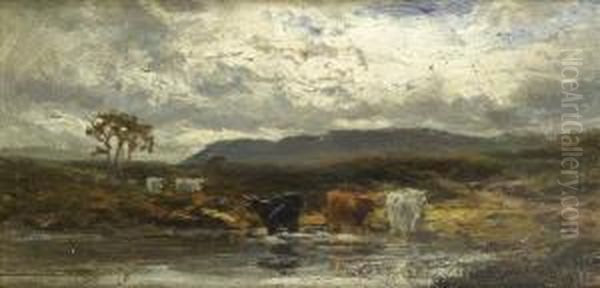 Far From The Busyworld, An 
Upland Landscape With Cattle Watering In The Shallows Ofa Pool Oil Painting by John Smart