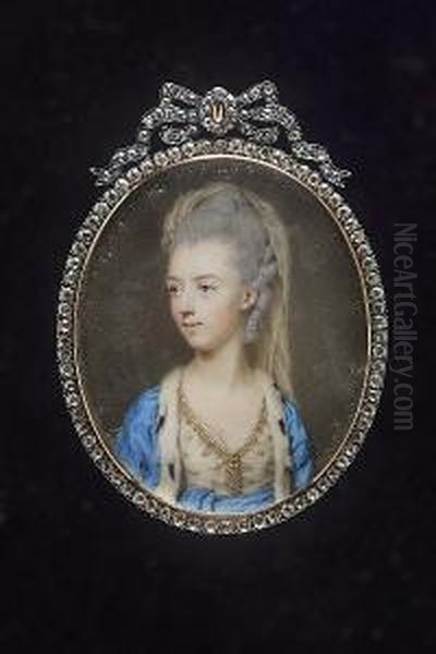 A Peeress, Wearing 'turkish' 
Style Dress, Pearl-trimmed White Dress Embroidered With Gold, 
Ermine-trimmed Turquoise Robes, Matching Tied Waist-sash And Veil In Her
 Upswept And Curled Powdered Hair Oil Painting by John I Smart