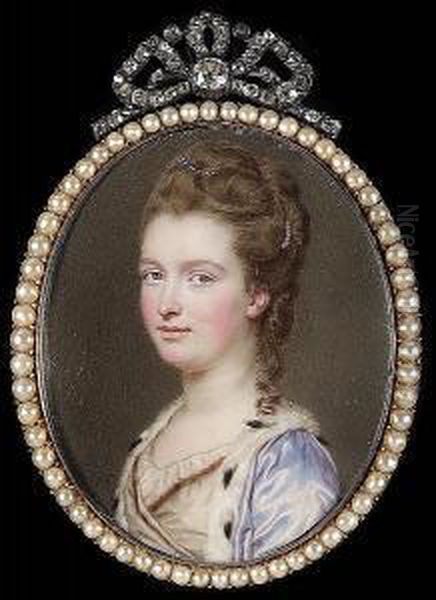 A Peeress, Wearing 
Ermine-trimmed Mauve Satin Robe Over White Dress, A Jewelled Clip And 
Strand Of Pearls In Her Brown Hair, Upswept And With A Curl Falling Over
 Her Left Shoulder Oil Painting by John I Smart