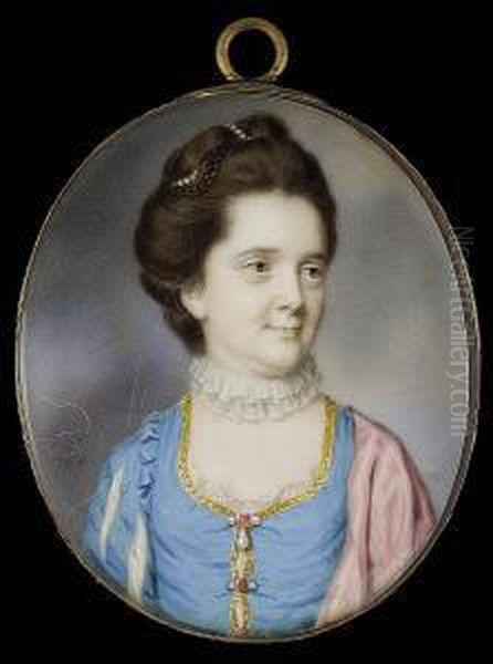 A Lady, Wearing Gold Trimmed 
Blue Dress With Pearl And Ruby Fastenings And Sleeves Slashed To Reveal 
White, White Lace Underslip, Pink Cloak Over Her Left Shoulder, White 
Lace Ruff And Strand Of Pearls In Her Upswept Hair Oil Painting by John I Smart