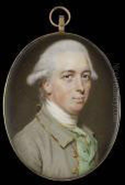 A Gentleman, Wearing Gold Edged 
Grey Coat, Gold Edged Leaf Green Waistcoat, White Stock And Lace Cravat,
 His Hair Powdered And Worn Oil Painting by John I Smart