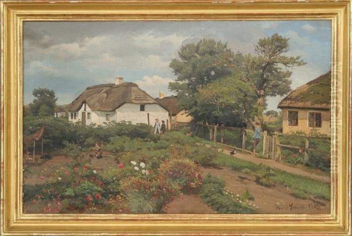 A Summer Scenery With Children 
In The Vegetable Gardens. Signed Hans Smidth And On The Back Dated 1903 Oil Painting by Hans Ludvig Smidth