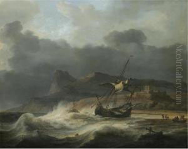 A Mountainous Coastal Landscape 
With A Ship Beached In A Storm, Figures Gathering Cargo To The Right Oil Painting by Aernout Smit