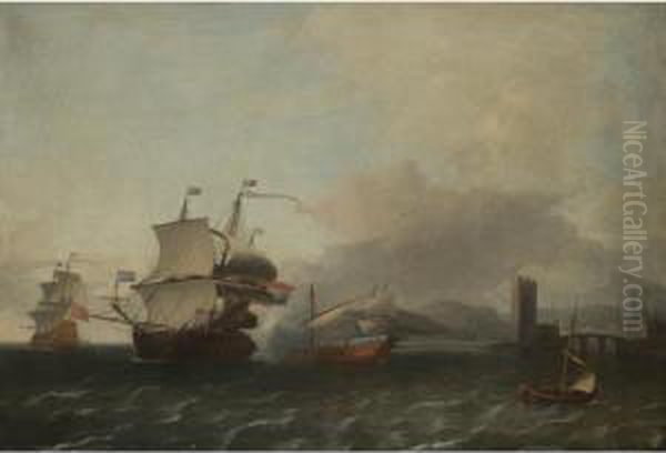 Dutch And English Shipping Off A
 Mediterranean Coast, With A Man-o'-war Firing A Salute To A State Barge Oil Painting by Aernout Smit