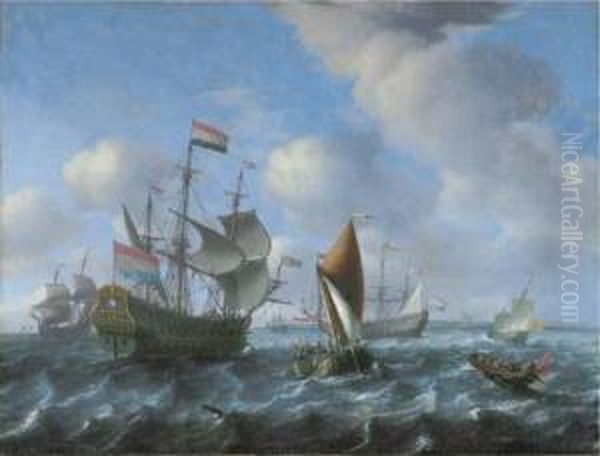 A Man-o'-war, Possibly Het Wapen
 Van Utrecht, A Wijdschip And A Spiegelsloep In A Stiff Breeze Oil Painting by Aernout Smit