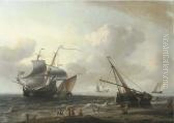 Sailing Ships Off The Coast With
 A Two-master Making Way, Fishermenon The Beach In The Foreground Oil Painting by Aernout Smit