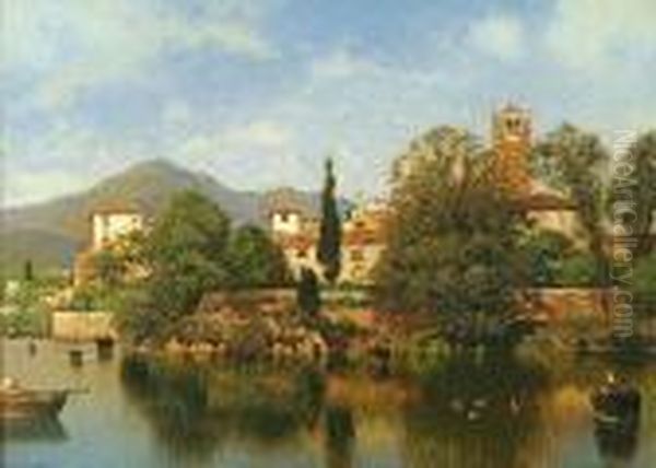 Italian Lakeside Town Oil Painting by Henry Pember Smith