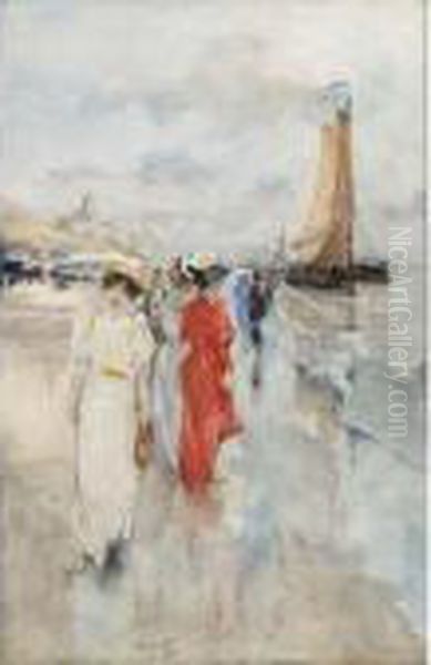 Elegant Ladies Strolling On The Beach Oil Painting by Hobbe Smith