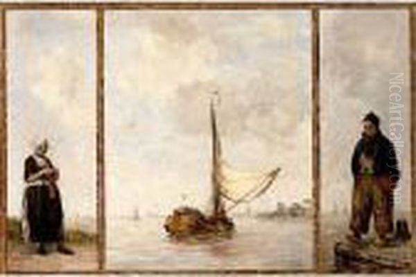 A Triptych: Central Piece: 
Coming Into Harbour, Right : Volendammer Boy, Left: Volendammer Girl Oil Painting by Hobbe Smith