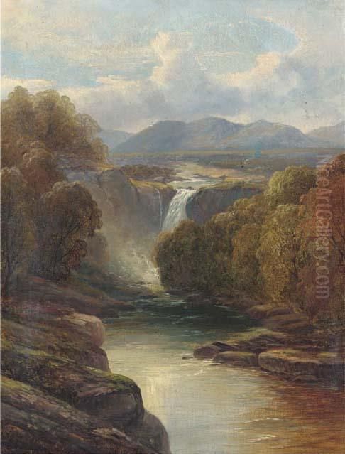 An Angler On A Riverbank; A Waterfall In A River Landscape Oil Painting by John Brandon Smith