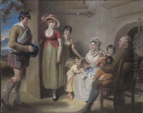 The Cotter's Saturday Night: 
'but Hark A Tap Comes Gently To The Door, Jenny Who Kens The Meaning Of 
The Same....' Oil Painting by John Raphael Smith