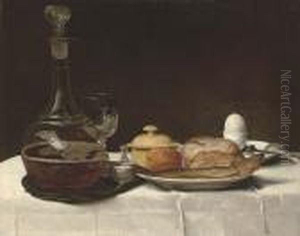 Still Life With Bread, A Kipper,
 An Egg And A Decanter Of Ale On A Table With A White Linen Table-cloth Oil Painting by George, of Chichester Smith