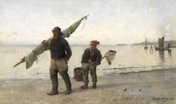 Fiskere Pa Stranden Oil Painting by Frithjof Smith-Hald