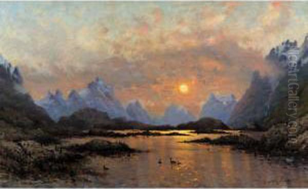 Solnedgang Over Et Fjellvann (sunset Over A Mountain Lake) Oil Painting by Frithjof Smith-Hald