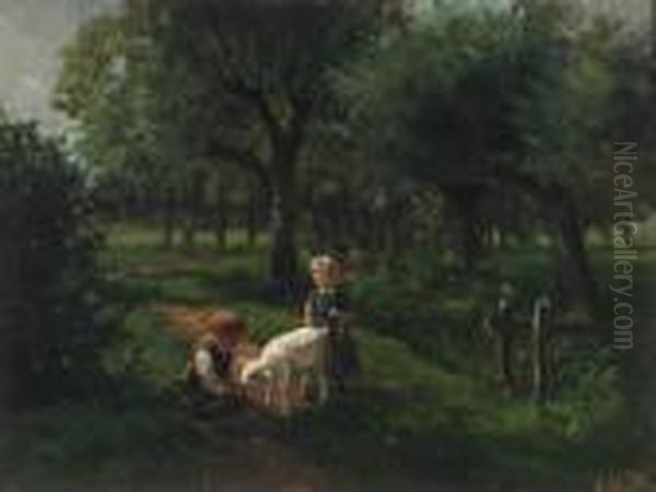 Children With Lamb Oil Painting by Johan Gerard Smits