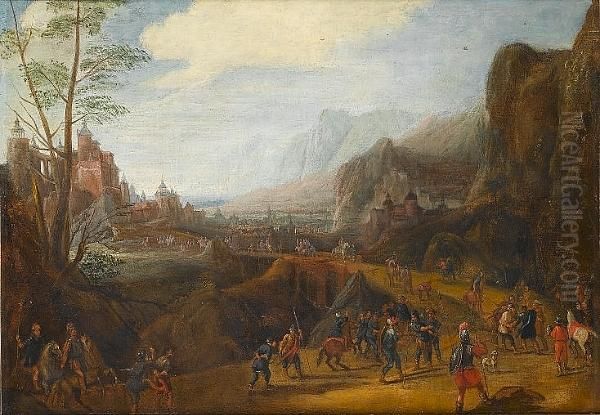 A Skirmish In A Mountain Valley,
 A Coastal Town Beyond; And A Rocky Landscape Soldiers Crossing A 
Bridge, A Walled Town Beyond Oil Painting by Pieter Snayers