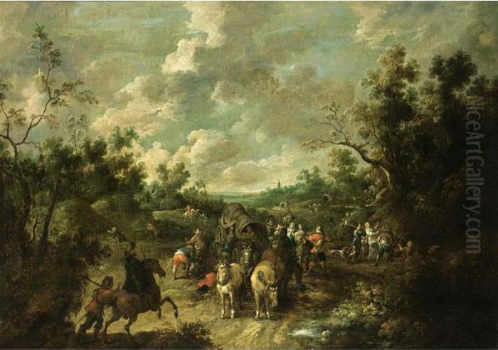 A Wooded Landscape With 
Travellers And A Horse-drawn Wagon Being Ambushed By Brigands And 
Horsemen, A View Of A Church In The Distance Oil Painting by Pieter Snayers
