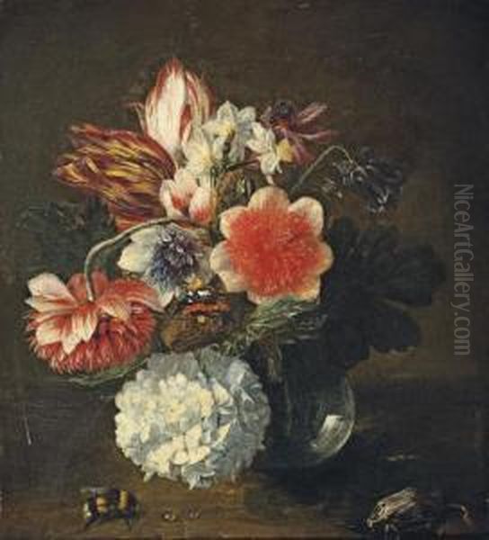 Tulips, Narcissi, 
Chrysanthemums, A Snowball And Other Flowers In A Glass Vase, On A Ledge
 With A Beetle, A Bumblebee And A Red Admiral Butterfly Oil Painting by Pieter Snyers
