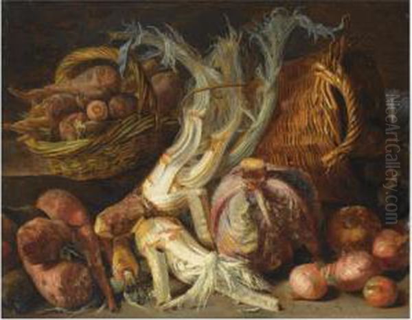 A Still Life With Onions, 
Cabbages, Carrots And Other Vegetables In Two Reed Baskets, All On A 
Floor Oil Painting by Pieter Snyers