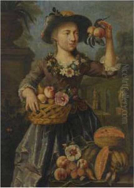A Young Girl Holding A Reed 
Basket Filled With A Peach, Onions And Other Vegetables And Flowers In 
One Hand, Two Peaches In Her Other Hand, A Still Life Of Peaches, Melons
 And Pruns Resting On A Ledge In The Foreground, All In A Classical 
Landscap Oil Painting by Pieter Snyers