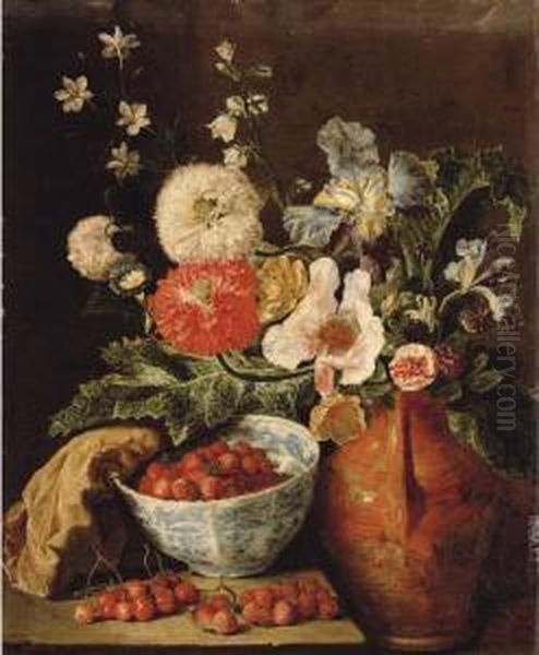 Wild Strawberries In A Blue And 
White Porcelain Bowl, Carnations, Irises, And Other Flowers Oil Painting by Pieter Snyers