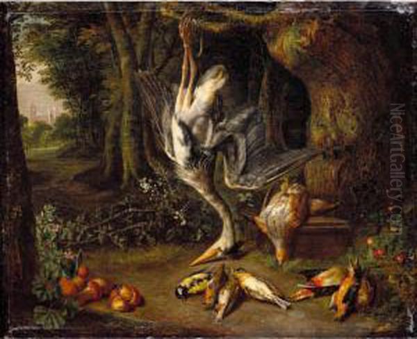 Dead Game, Including A Heron, 
Partridge And Songbirds In A Wooded Landscape, A Chateu In The Left 
Distance Oil Painting by Pieter Snyers