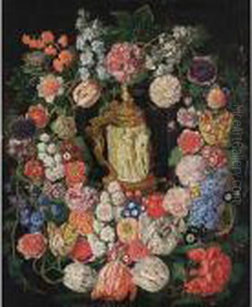 A Flower Garland With Tulips, 
Poppy Anemones, Hyacinths, Auricula, Carnations, Corn Flowers And Black 
Berries Surrounding A German Silver-gilt And Ivory Tankard Oil Painting by Pieter Snyers