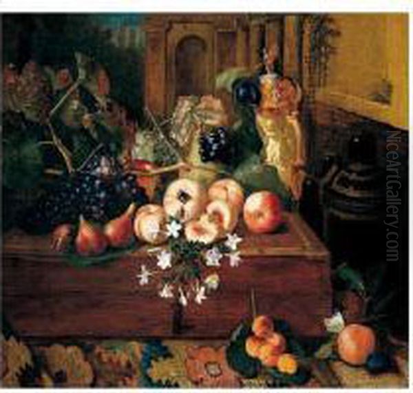 Still Life Of Peaches, Grapes, A
 Pear And A German Ivory Tankard Upon A Wooden Box, Together With Apples
 And Apricots Upon A Carpet Oil Painting by Pieter Snyers