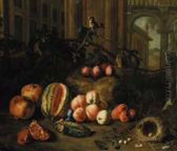 Plums On The Branch, Peaches, 
Apricots, A Melon, Pomegranates, A Nest With Eggs And A Goldfinch By 
Classical Buildings, A Landscape Beyond Oil Painting by Pieter Snyers