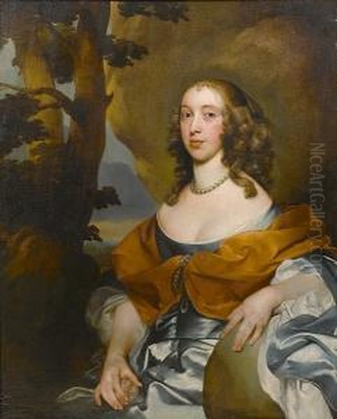 Portrait Of A Lady, 
Half-length, In A Blue Silk Dress With A Russet Shawl, Wearing Pearls 
And Holding A Pink Rose, Seated In A Landscape Oil Painting by Gerard Soest