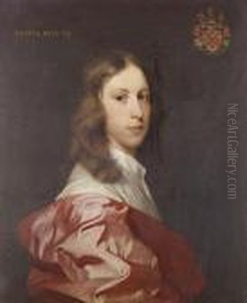 Portrait Of A Youth, Said To Be 
Lord John Stuart, Half-length, In A White Shirt And A Burgundy Wrap Oil Painting by Gerard Soest