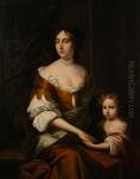 A Portrait Of Anne Buck, Seated 
In Brown Gown And White Chemise With Her Daughter In Pink Cloak Oil Painting by Gerard Soest