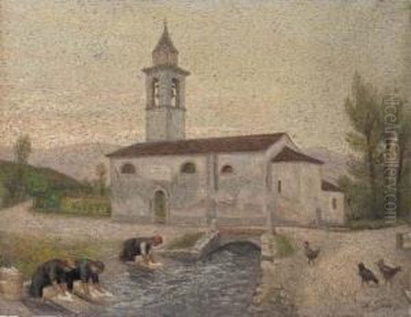 Lavandaie Alla Roggia Presso L'antica Chiesa Oil Painting by Erminio Soldera