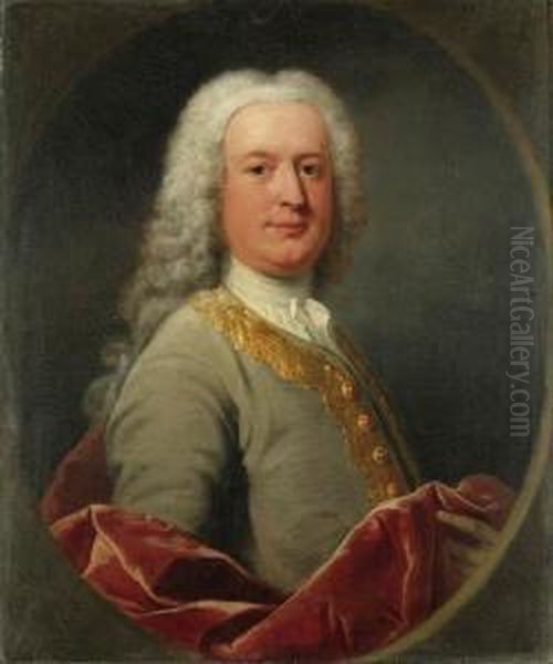 Portrait Of A Gentleman Believed
 To Be A Member Of The Foleyfamily, Half-length, In A Grey Coat With 
Gold Brocade And A Redvelvet Cloak, Feigned Oval Oil Painting by Andrea Soldi