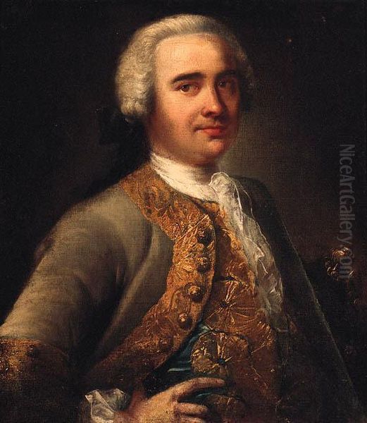 Portrait Of A Gentleman, 
Half-length, In A Gold Embroidered Greycoat And Waistcoat And White 
Stock, A Tricorn Under His Arm Oil Painting by Andrea Soldi
