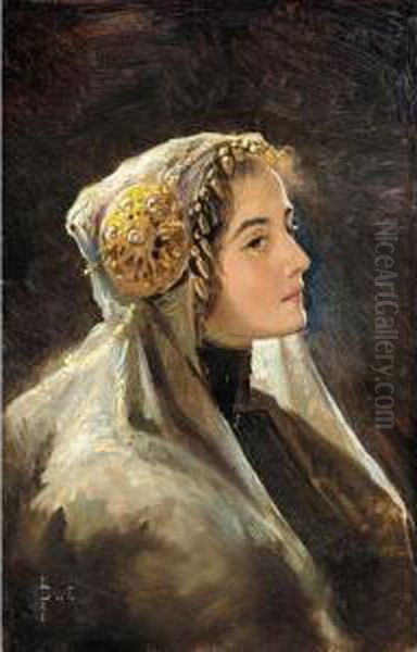 Russian Beauty In Traditional Headdress Oil Painting by Sergei Solomko
