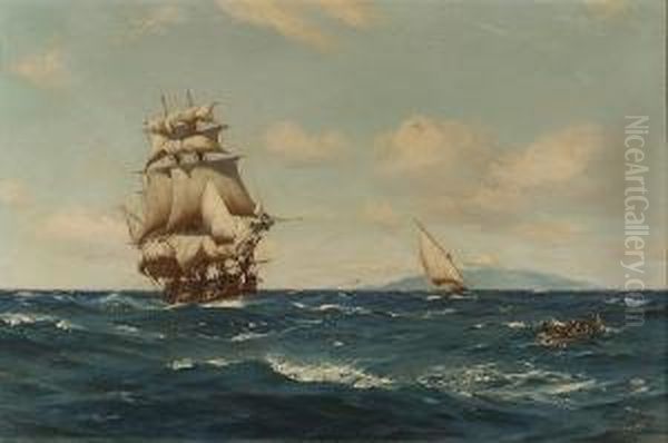 Frigate (latter End Of 18th. 
Century) Recovering Her Boat Which Had Been Lowered To Rescue A Man Oil Painting by Thomas Jacques Somerscales
