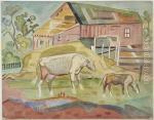 Two Horses By Barn Oil Painting by William Sommer