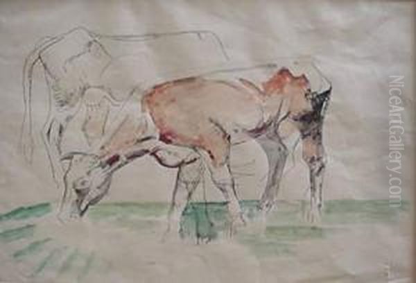 Horse And Cow- Watercolor And 
Pen And Ink On Paper, Minor Handling Creases, Some Tears In Paper Lower 
Right Corner, Some Foxing And Staining. 11 X 16'' Oil Painting by William Sommer