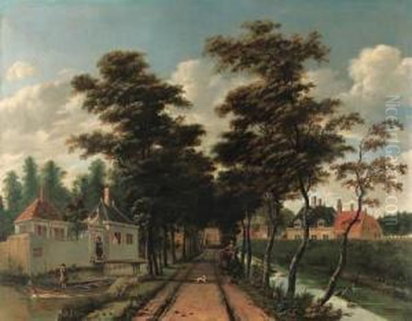 An Avenue Between Two Canals 
With A Horseman And A Dog, A Youth Ina Skiff And A Man By A Gatehouse 
Nearby Oil Painting by Jan Gabrielsz. Sonje
