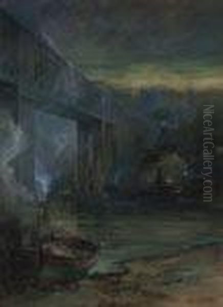 Under The Bridge, Evening Oil Painting by William Louis Sonntag