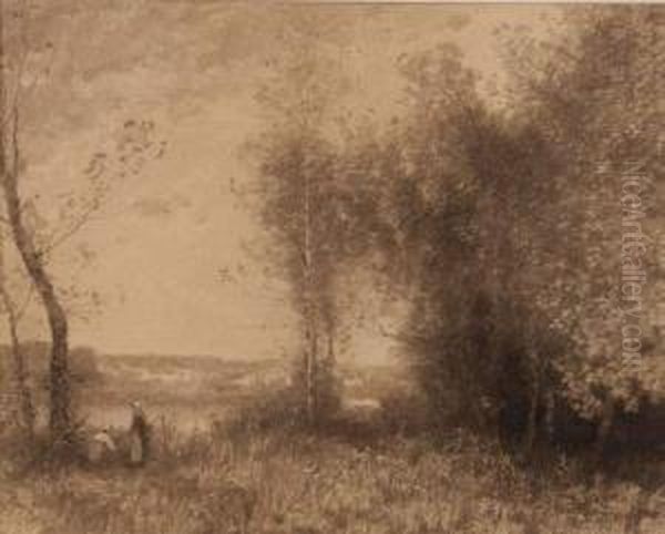 Bergere Pres D'une Riviere Et D'une Foret Oil Painting by Elisabeth Sonrel