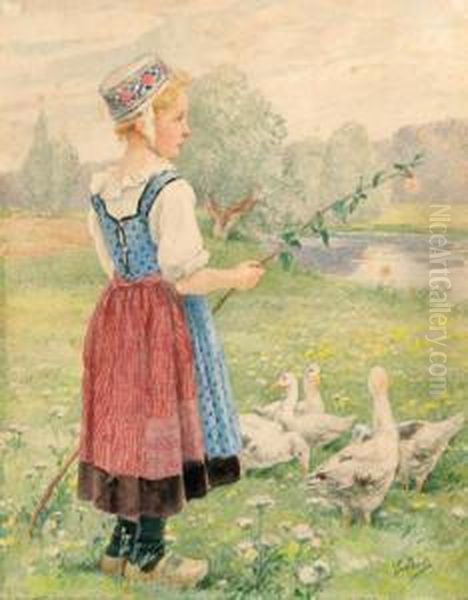 Gardienne D'oie Oil Painting by Elisabeth Sonrel