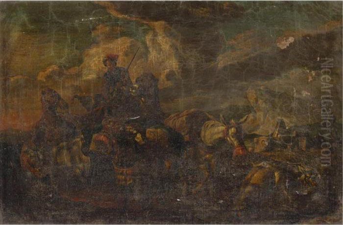 An Oriental Merchant On A Camel With Donkeys In A Landscape Oil Painting by Jan Frans Soolmaker