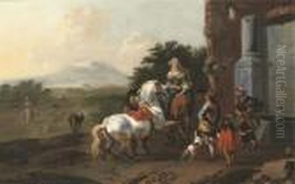 Riders Resting By A Fountain 
With A Mendicant And Dogs, Figures On A Path And Mountains Beyond Oil Painting by Jan Frans Soolmaker
