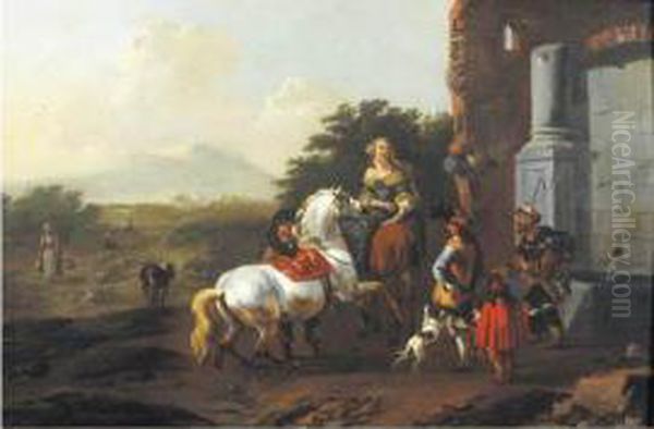 Le Repos De Voyageurs Pres D'une Fontaine Oil Painting by Jan Frans Soolmaker